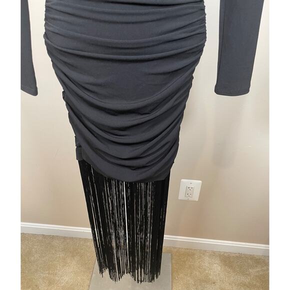 Alice + Olivia Katherina Long Sleeve Ruched Fringe Black Midi Dress Size 0 - Picture 7 of 10